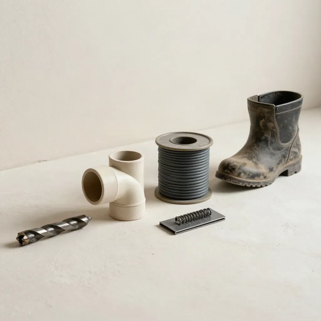 Install-day tools on plaster: drill bit, conduit elbow, cable spool, clip, and boot.