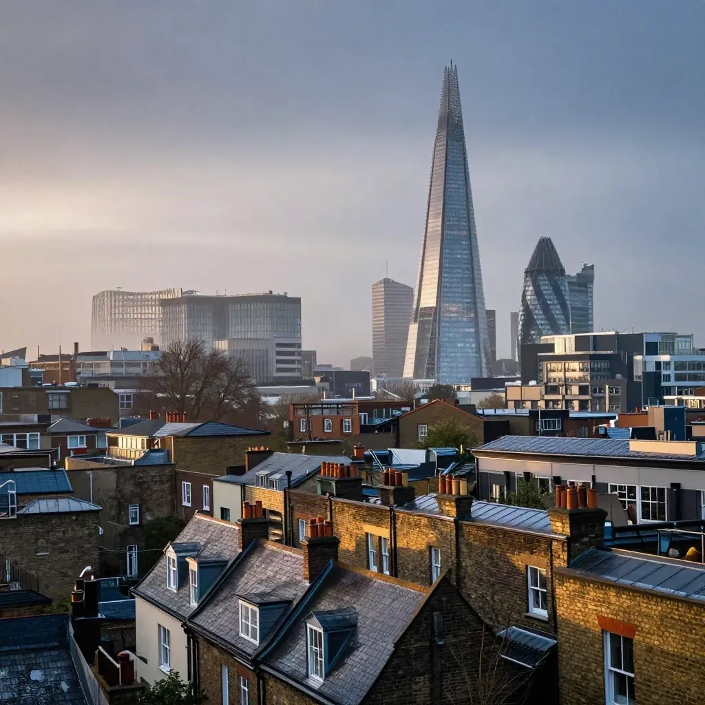 London skyline in dawn haze with the Shard and Canary Wharf above quiet rooftops.