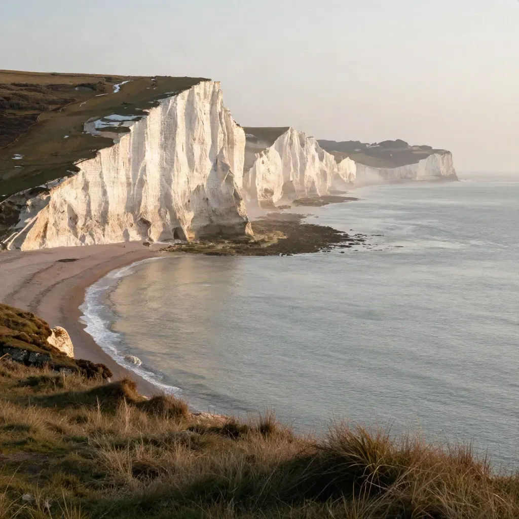 Seven Sisters chalk cliffs above a calm misty Channel in warm coastal light