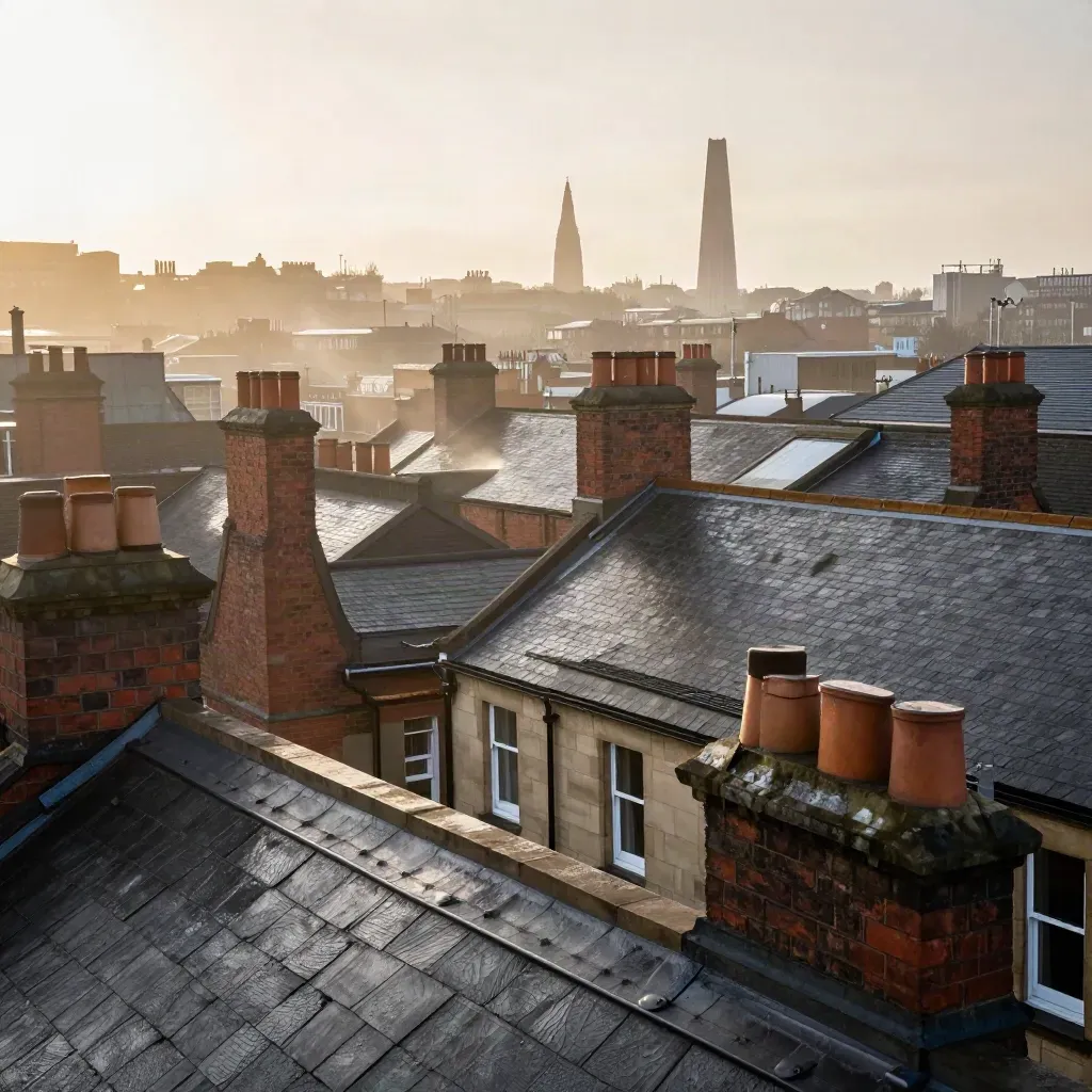 Birmingham rooftops and chimneys glowing in wet evening haze from a high rooftop