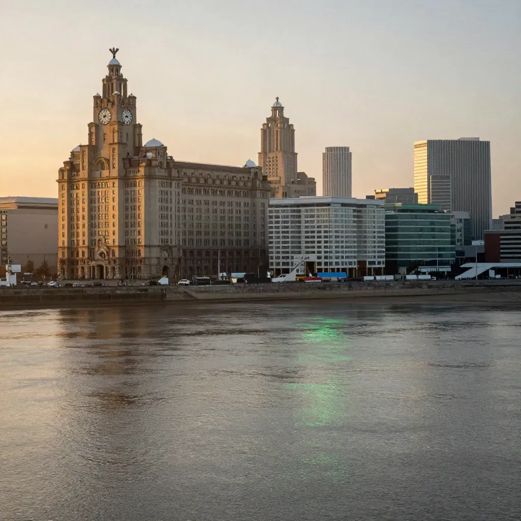 Liverpool waterfront skyline at sunrise over the Mersey in warm haze