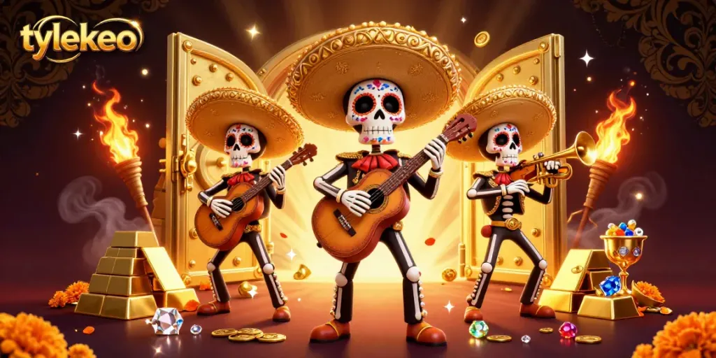 Experience the excitement of tylekeo with a vibrant mariachi band scene featuring treasures and gold.