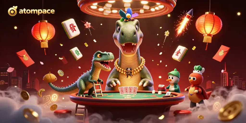Experience the thrilling atmosphere of atompace as a cartoon brontosaurus watches a clever raptor deal cards at a vibrant casino scene.