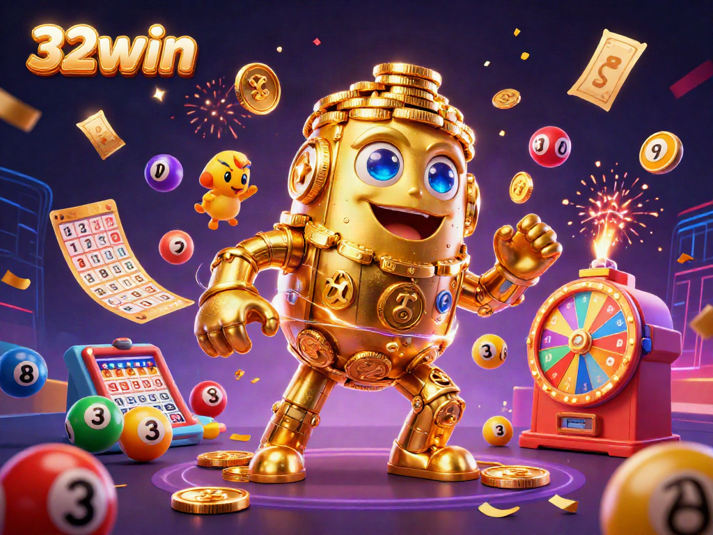 Experience the thrill of 32win with dynamic casino elements and a golden golem in action.
