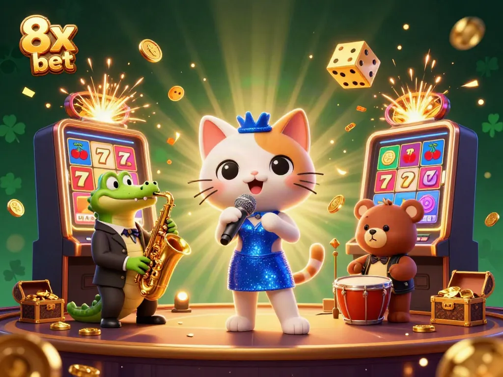 Catch the excitement with 8x bet at a vibrant casino stage with lively characters and jackpot visuals.