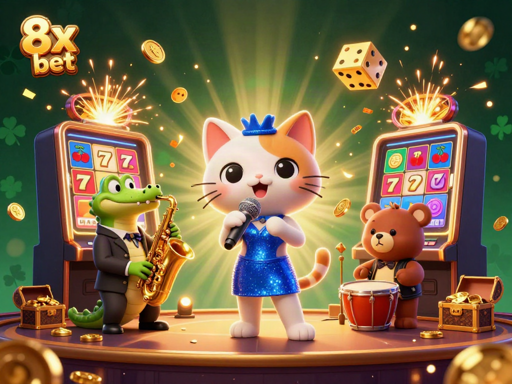 Catch the excitement with 8x bet at a vibrant casino stage with lively characters and jackpot visuals.