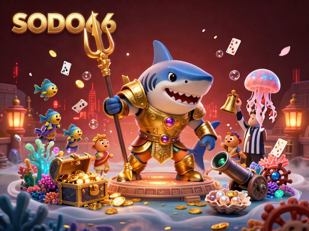 SODO66 launches into vibrant underwater gambling action, featuring a tiger shark gladiator and dynamic casino elements.