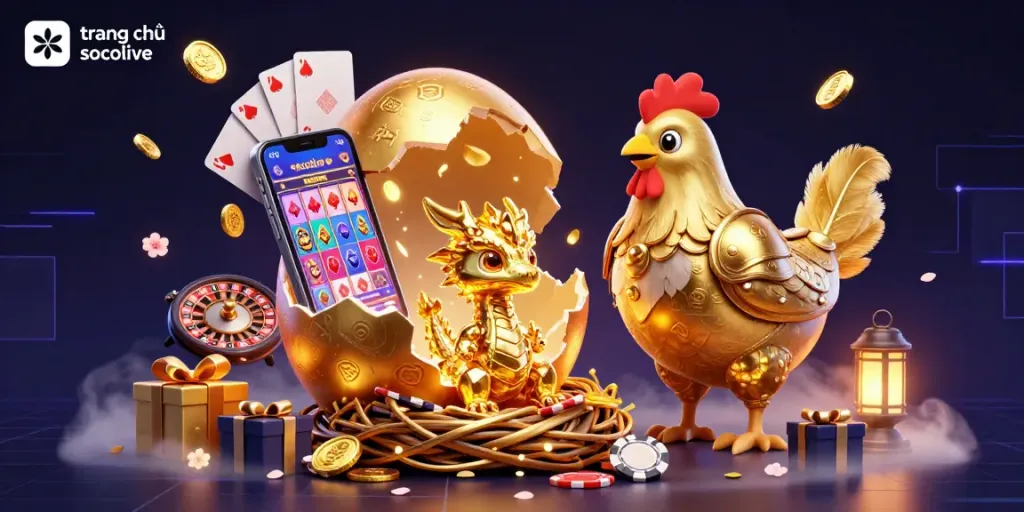 Experience the excitement of trang chủ socolive with a vibrant 3D dragon-themed casino illustration featuring dynamic games.