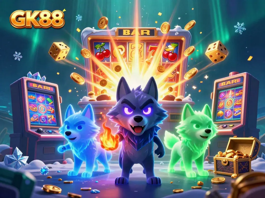 Experience thrilling slot action with GK88, featuring colorful symbols and ghostly wolves in a vibrant casino scene.