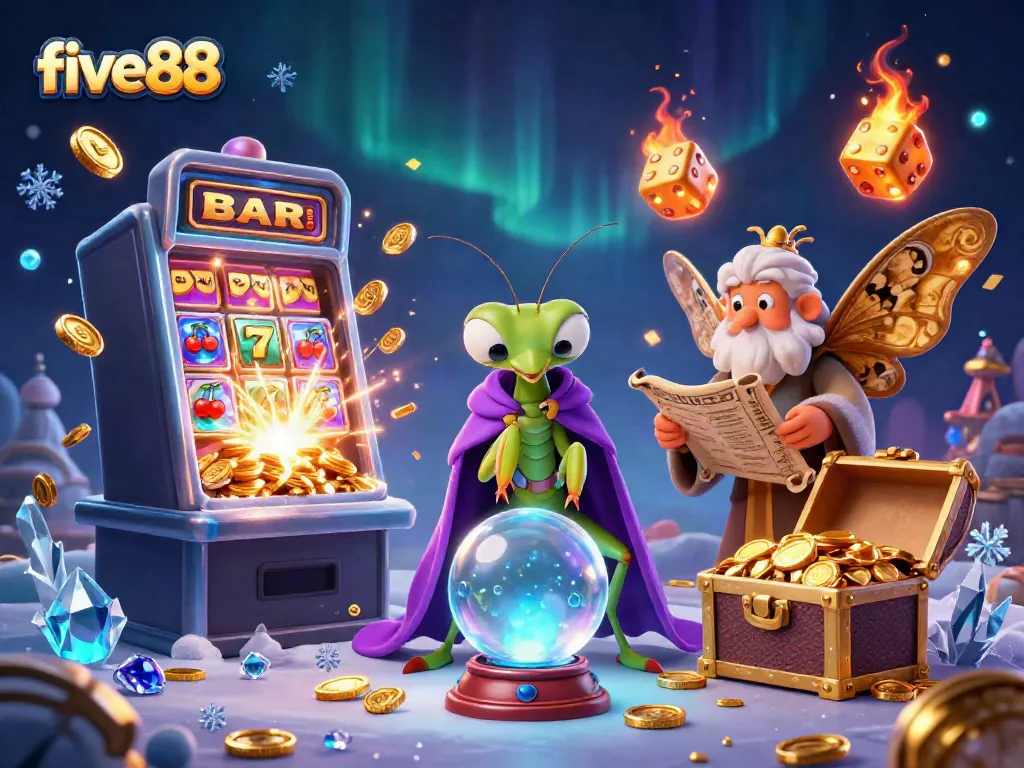 Experience the excitement at five88 with a vibrant scene featuring fortune tellers and casino games.