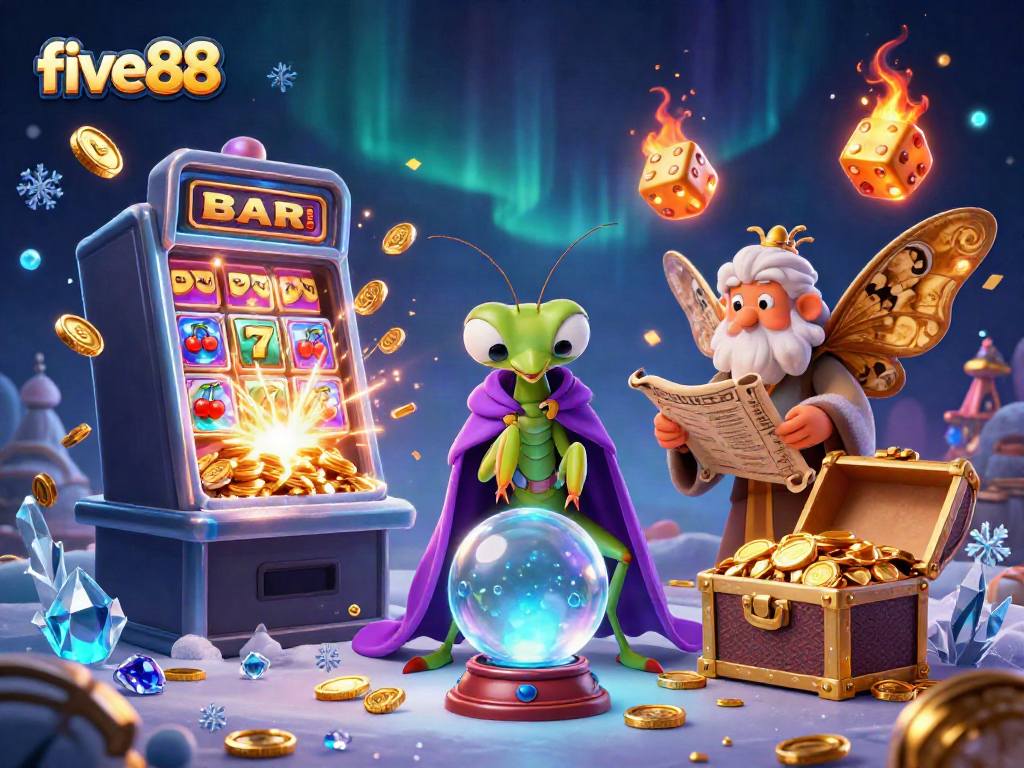 Experience the excitement at five88 with a vibrant scene featuring fortune tellers and casino games.