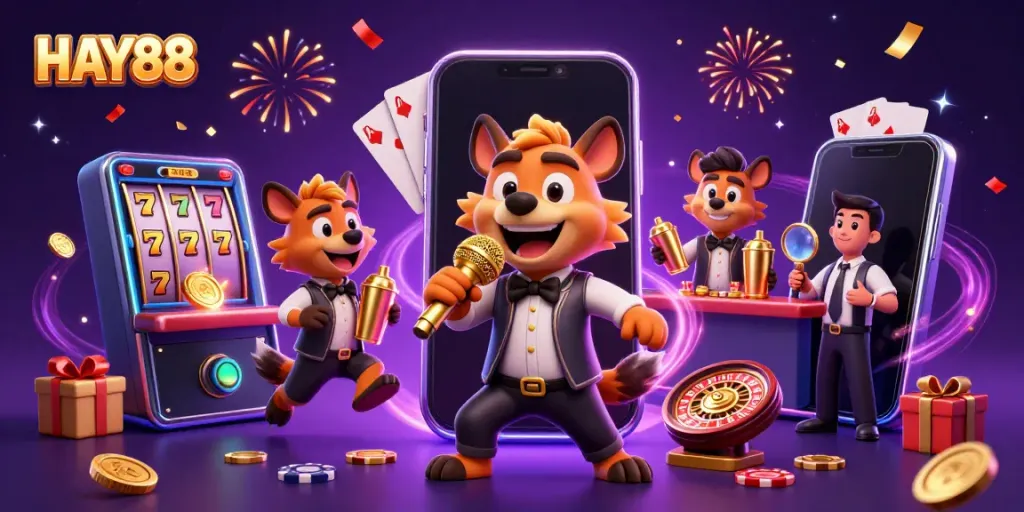 Experience HAY88 with a lively 3D cartoon hyena comedy casino featuring vibrant slots and joyous gaming elements.