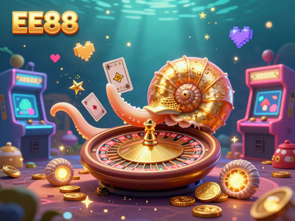 Engage with EE88's vibrant gaming scene featuring a giant nautilus roulette and colorful arcade elements.
