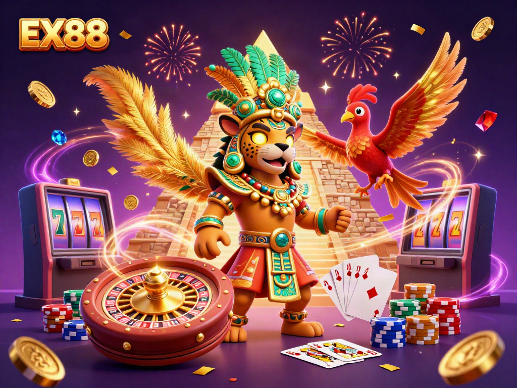 Experience the thrill of EX88 with a vibrant casino scene featuring spinning roulette and golden treasures.