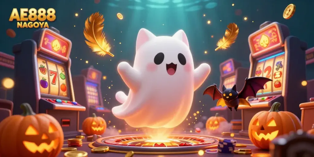 Engage in exciting gaming adventures at AE888 NAGOYA with a friendly ghost cat and vibrant casino elements.