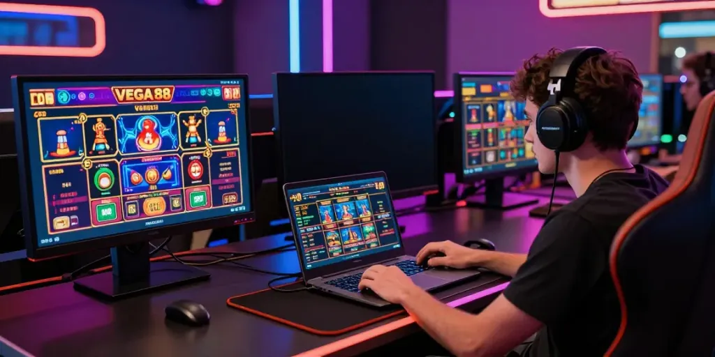 Engaged player navigating Link Alternatif Vegas88 gaming interface at modern desk.