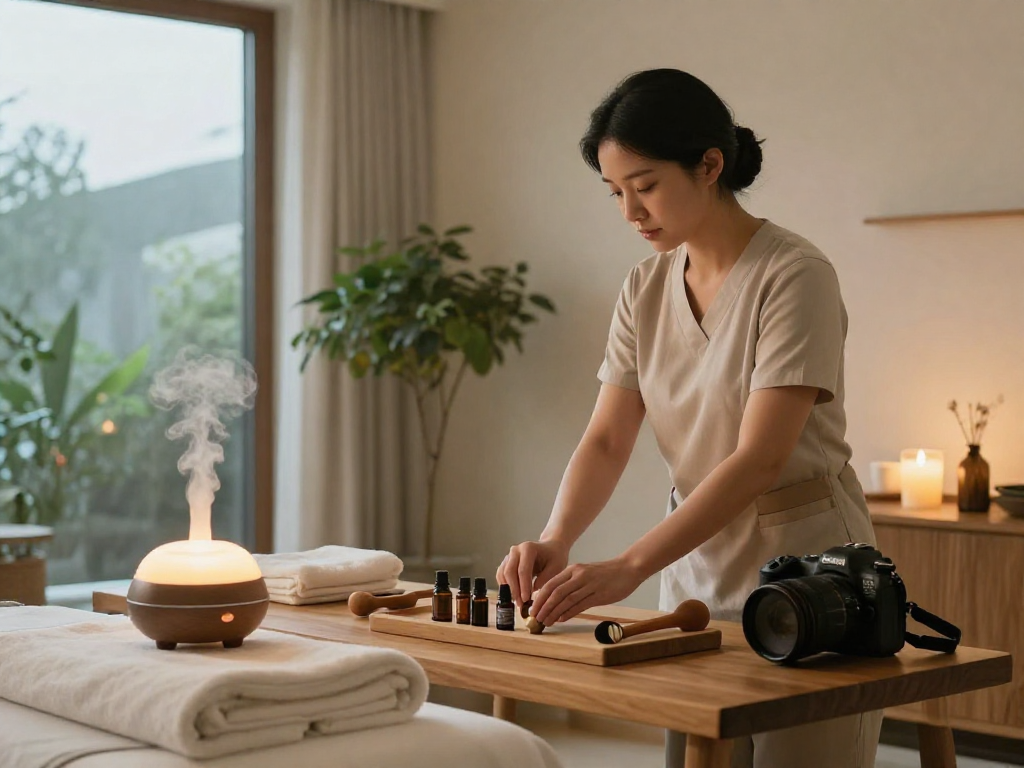 Experience premium 성동구출장마사지 at home with a professional therapist preparing a calming spa setup.