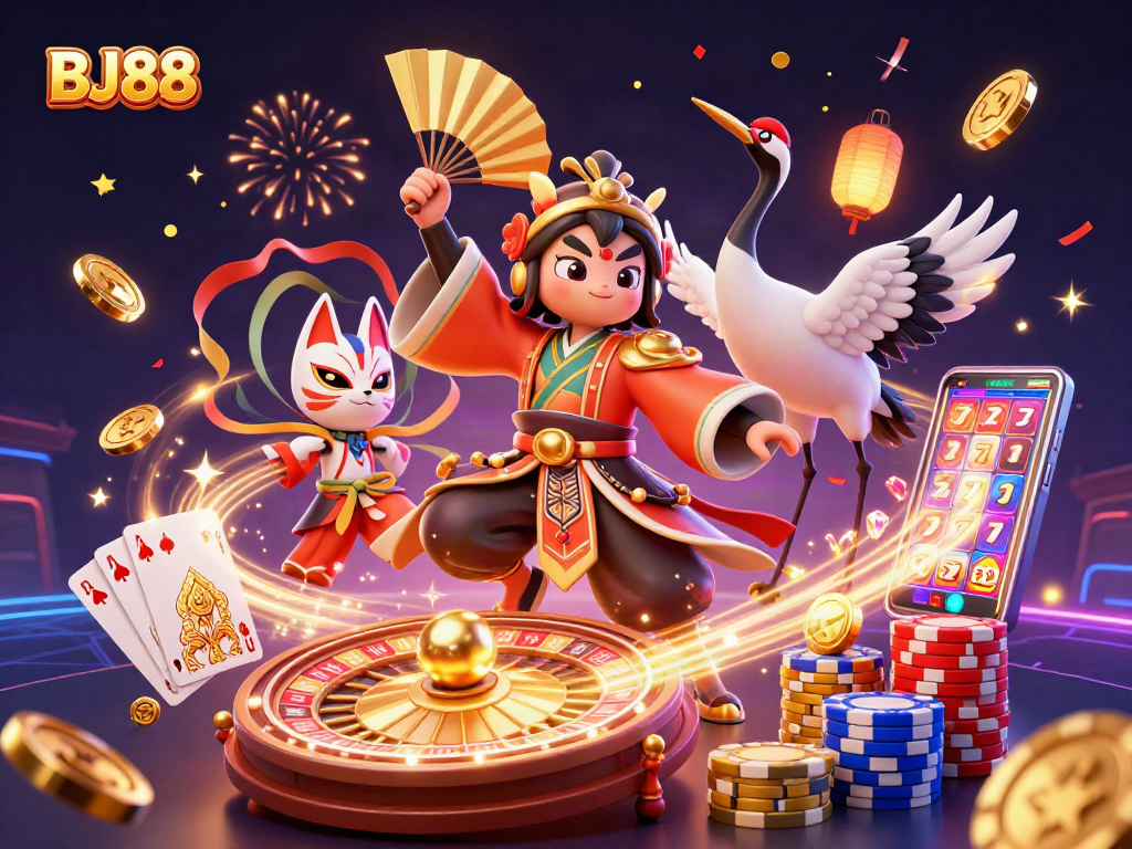 BJ88 casino adventure scene with a kabuki warrior, kitsune mask, and festive gaming elements.