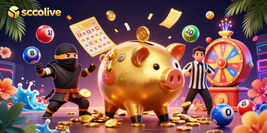 Socolive showcases exciting gaming action with vibrant colorful balls and a golden piggy bank sumo wrestler.
