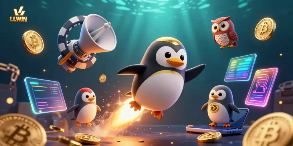 LLWIN presents an exciting illustration with a golden penguin flying towards a casino space station amidst vibrant cryptocurrency elements.