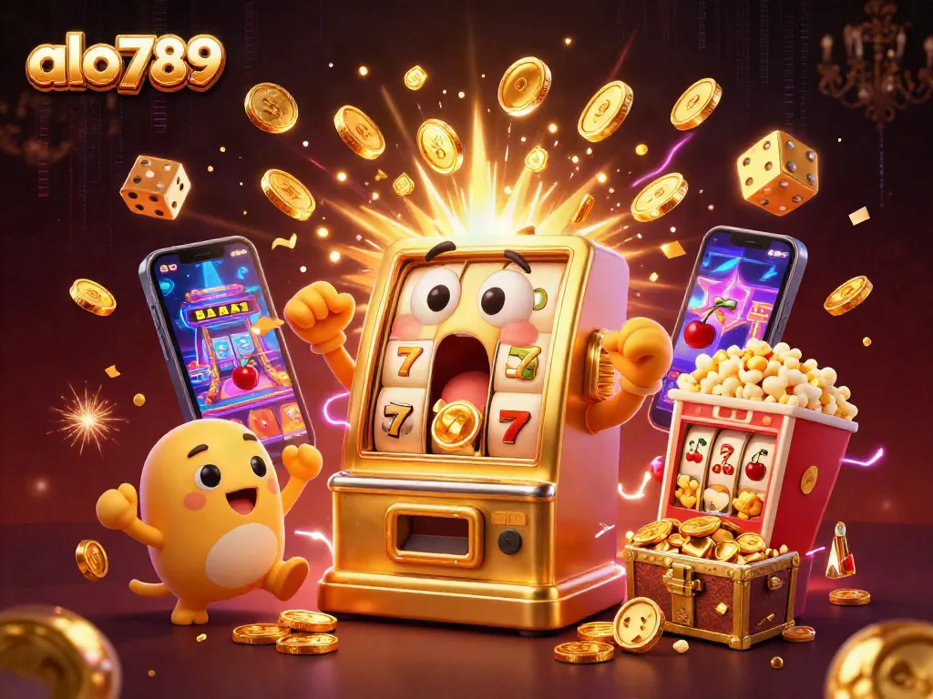 Play exciting games at alo789, featuring a lively golden slot machine with cheerful friends and dazzling symbols.