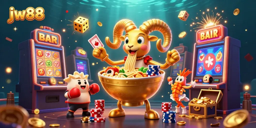 Experience the excitement of jw88 with the dynamic characters and gambling elements in a vibrant casino scene.