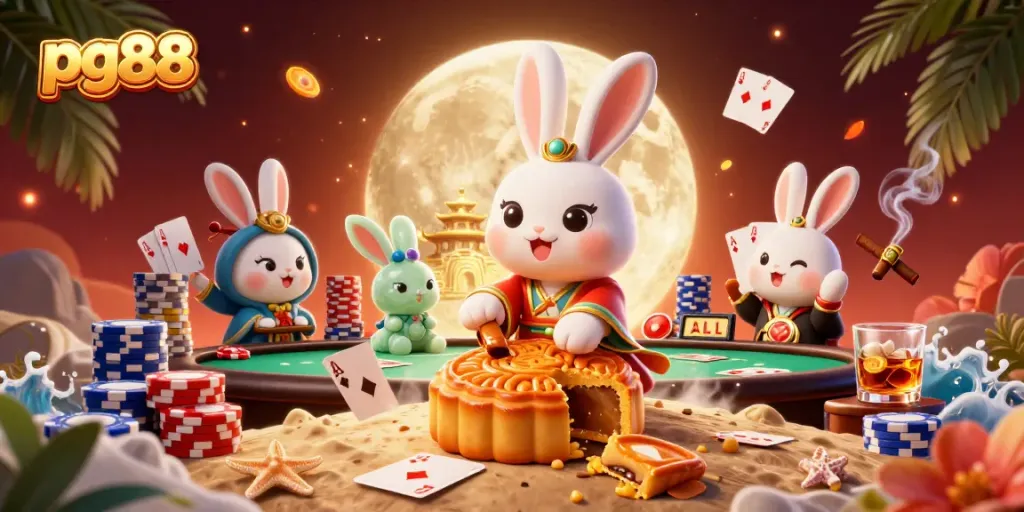 Engage with pg88 by enjoying a vibrant casino scene featuring a moon rabbit and poker elements.