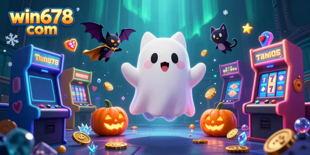 Experience the excitement of win678 com with a playful ghost cat and vibrant casino elements in a haunted mansion scene.