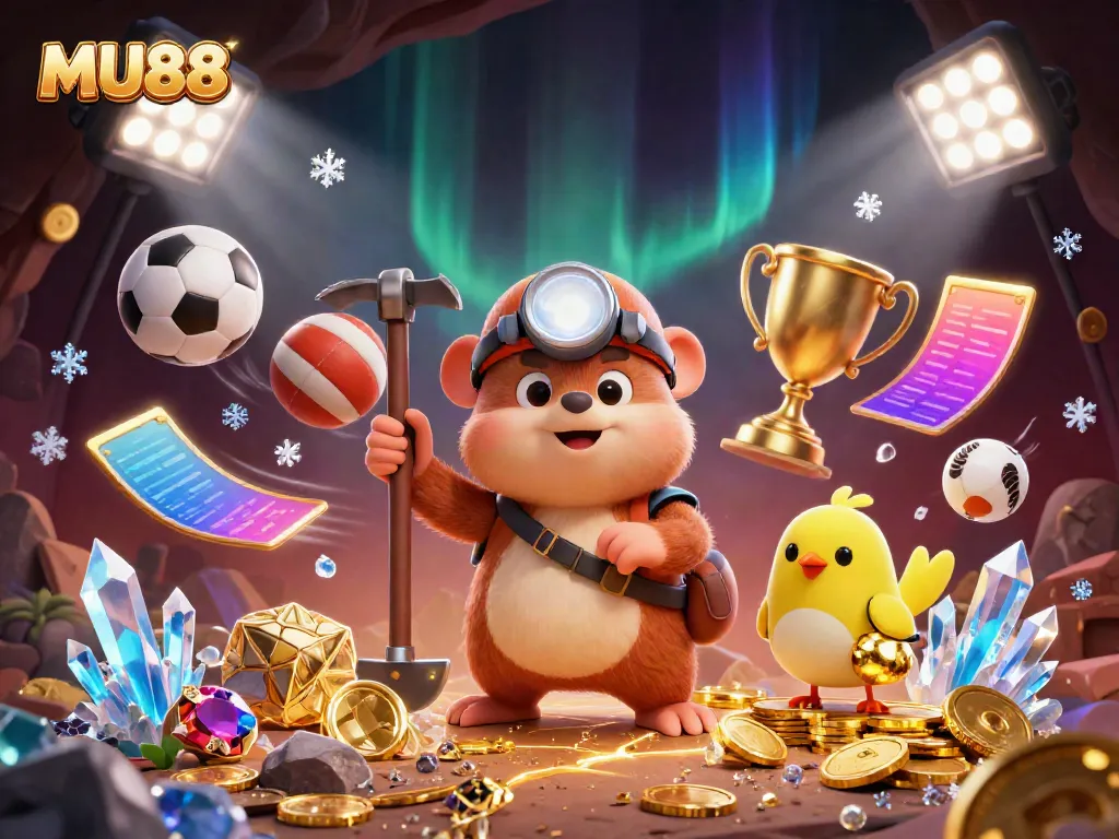 Engage with MU88's vibrant casino atmosphere featuring a treasure hunter and canary among sparkling gems.