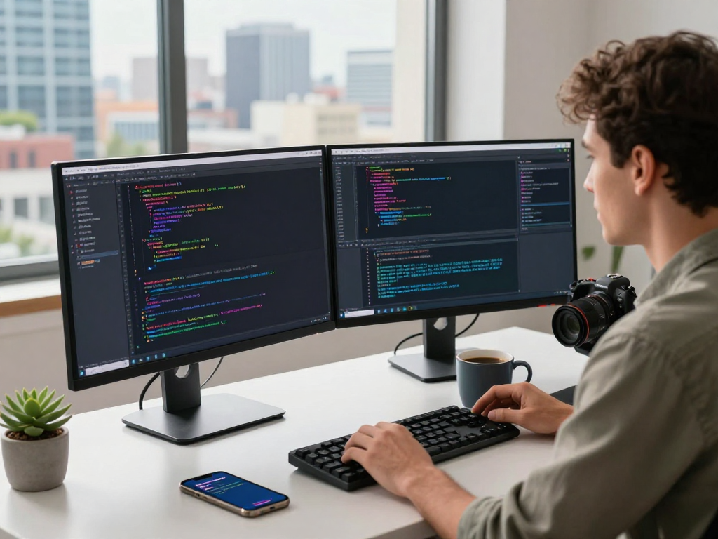 Software developer coding with nsfw ai tools at a modern workstation with city view.