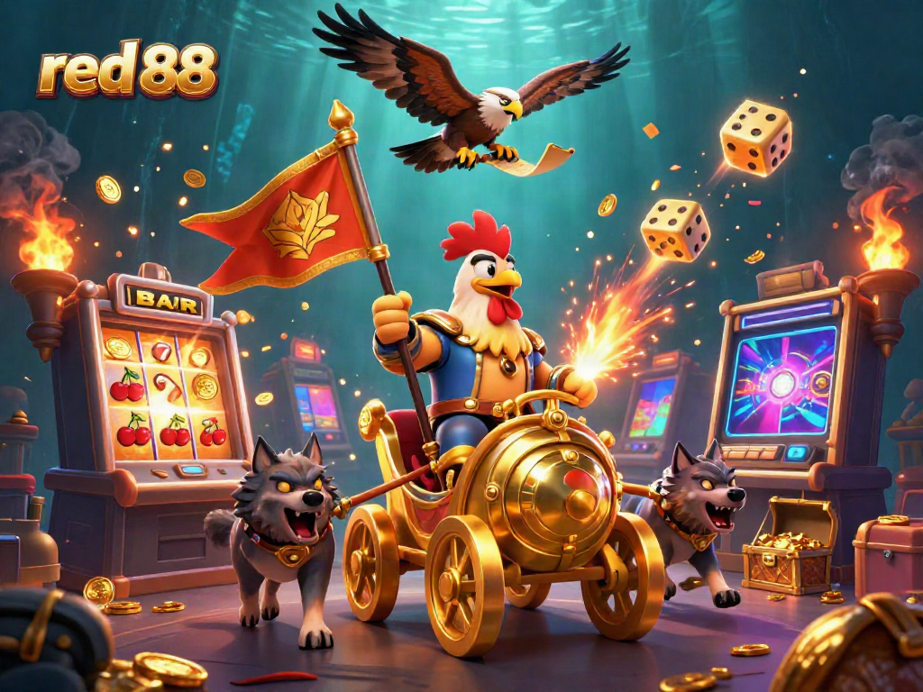 Experience thrilling wins at red 88 with a captivating illustration of a rooster warlord leading a golden chariot in a vibrant casino scene.