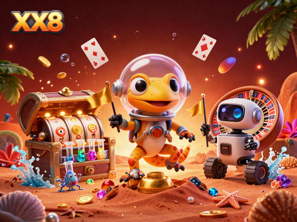 Experience the thrill of XX8 casino gaming with a vibrant Martian scene filled with colorful slot machines and treasures.