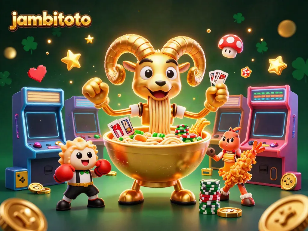 Engage with jambitoto as a golden ramen bowl deals cards amidst lively casino elements.