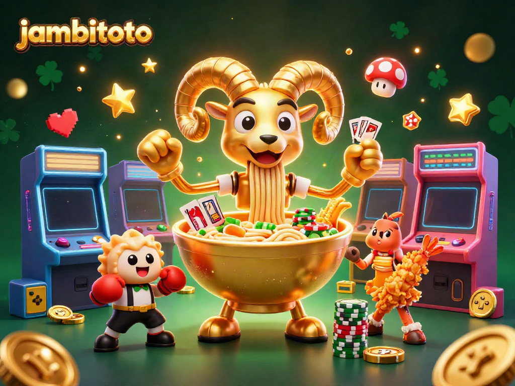 Engage with jambitoto as a golden ramen bowl deals cards amidst lively casino elements.