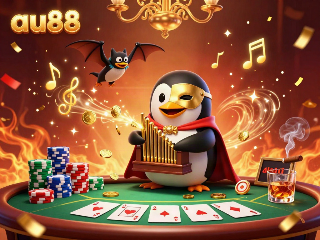 Experience the thrill of au88 casino, with a cartoon penguin playing an organ that shoots coins, amidst vibrant gaming elements.