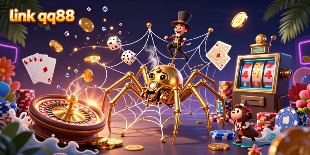 Catch lucky dice in the web with "link qq88" as a vibrant golden spider weaves a casino scene.