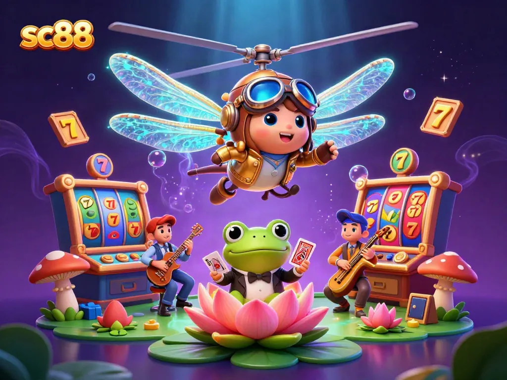 Experience sc88’s vibrant casino scene with a dragonfly pilot, frog croupier, and lively jazz musicians.