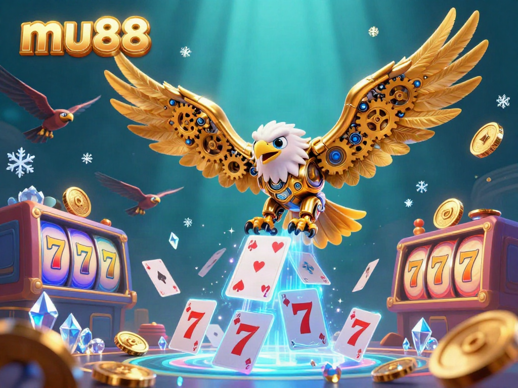Experience the excitement of mu88 with a 3D cybernetic eagle amid a vibrant casino-themed scene.