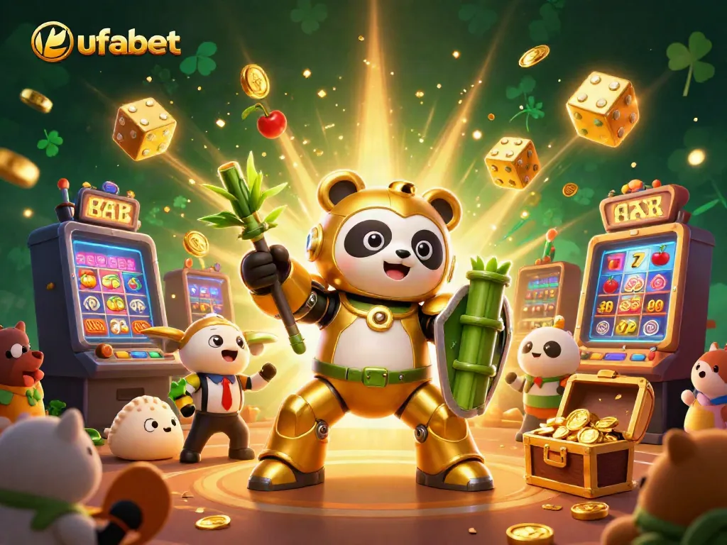 Experience the thrilling action at ufabet with a vibrant 3D golden panda arena scene filled with slot excitement.