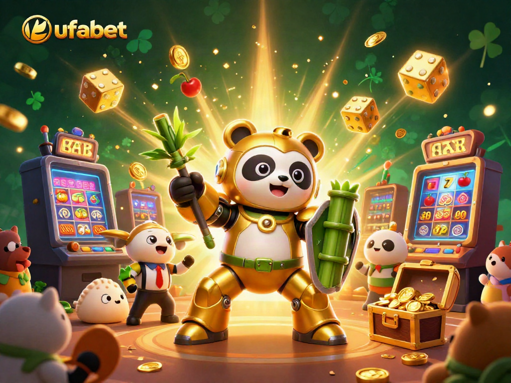 Experience the thrilling action at ufabet with a vibrant 3D golden panda arena scene filled with slot excitement.