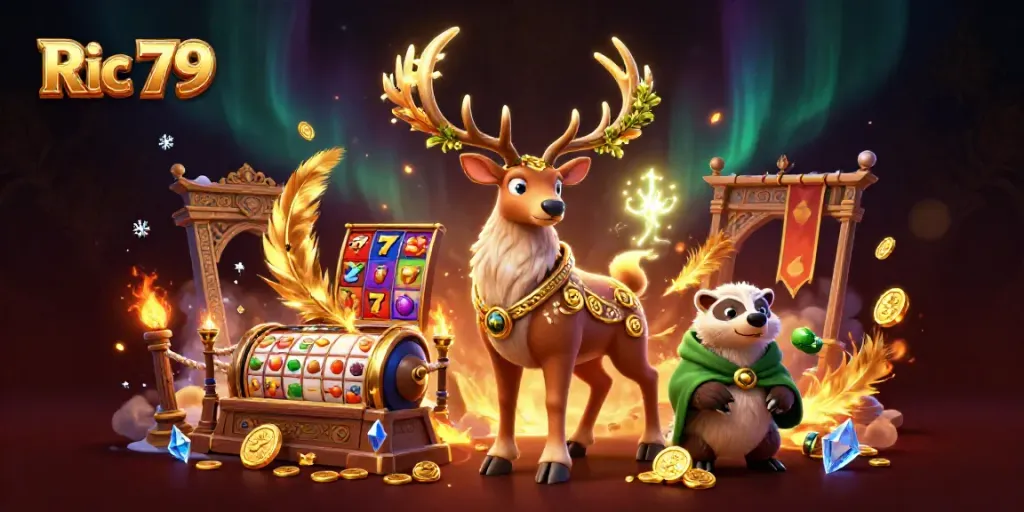 Engage with Ric 79 featuring a druid stag and badger amidst slot reels and gold tokens in a vibrant casino scene
