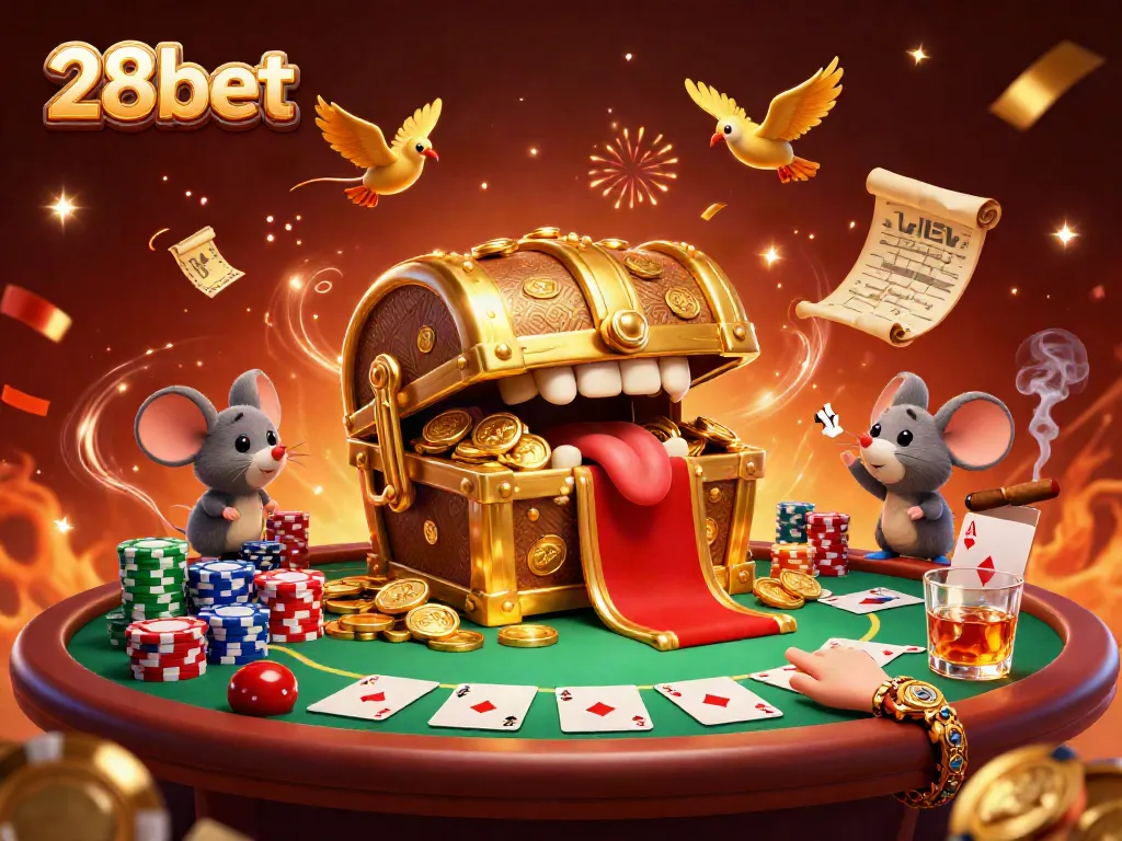 Experience exciting gaming action at 28bet with colorful poker elements and playful cartoon characters.