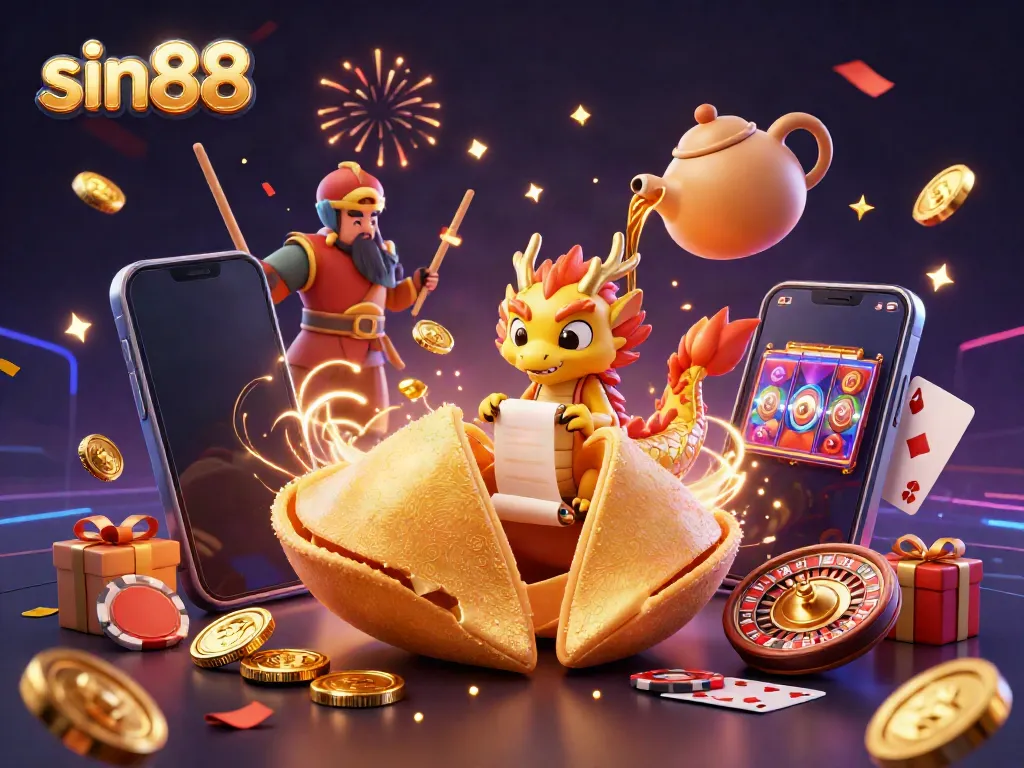 Experience the thrill of sin88 with engaging gaming elements, featuring a golden fortune cookie, dragon, and slot game.
