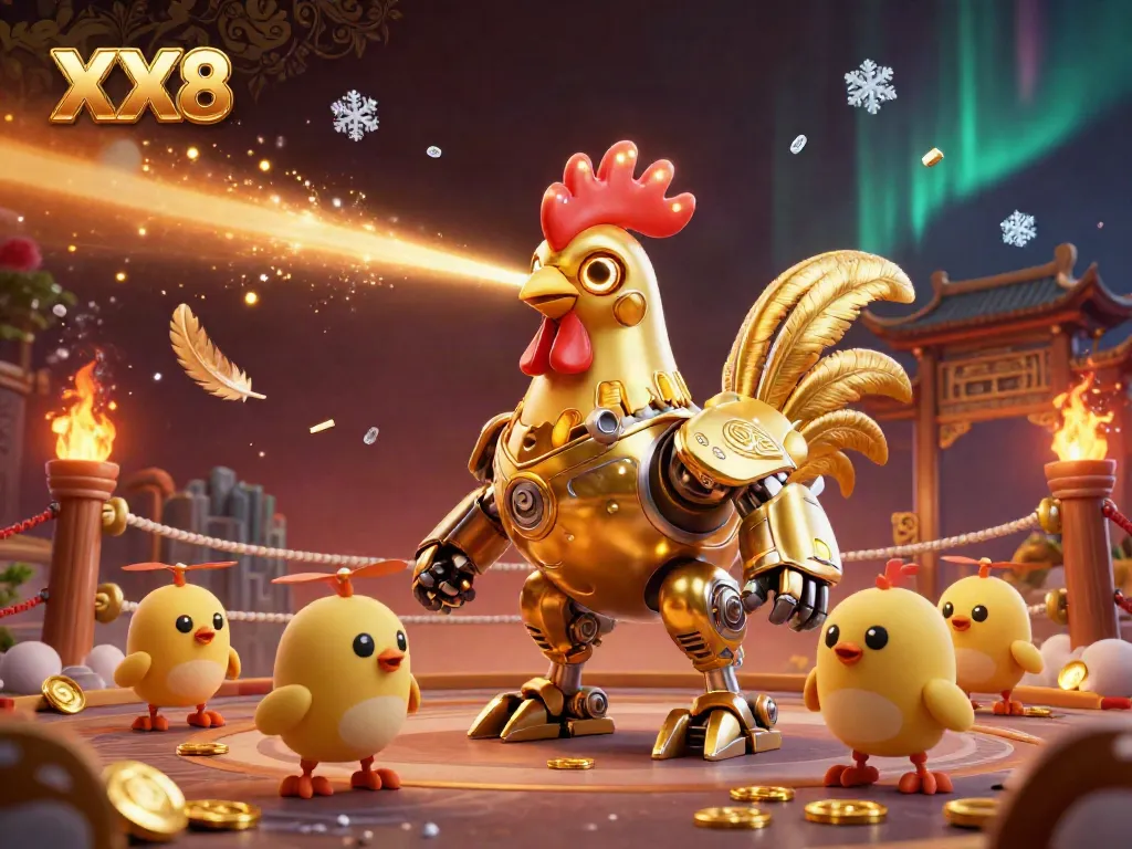This vibrant illustration captures the excitement of gambling with the XX8 golden rooster robot, symbolizing winning strategies.