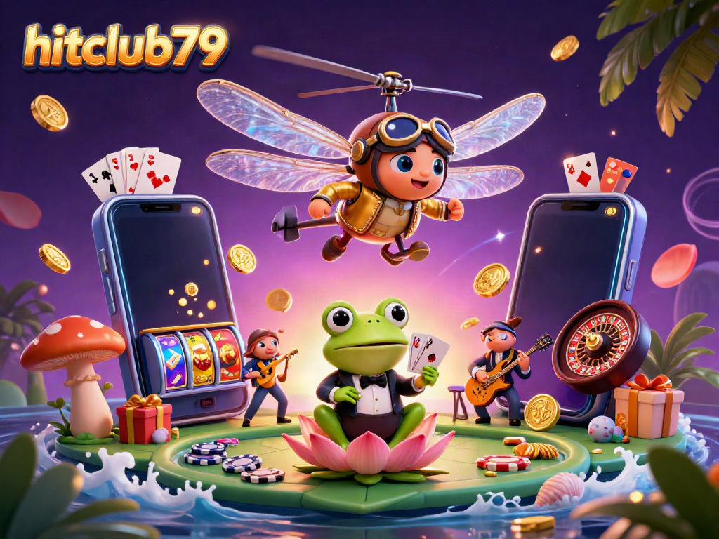 Experience excitement at hitclub79 with a dynamic gaming scene featuring casino elements and vibrant characters.