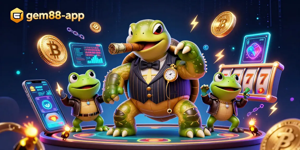 Engage in thrilling gameplay with gem88-app featuring a cartoon turtle and frogs among vibrant casino elements.