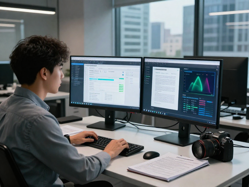 Advanced document fraud detection software analysis in a modern office, showcasing cybersecurity vigilance.