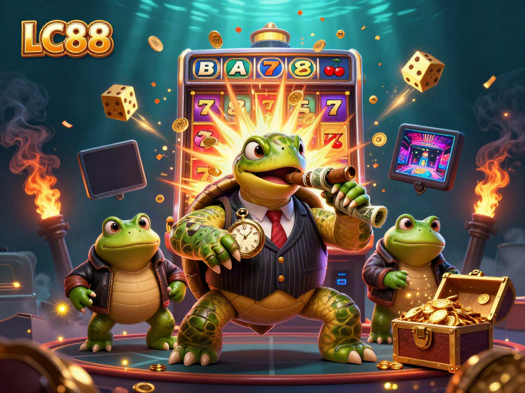 LC88 showcases a vibrant casino scene featuring a mobster turtle and bullfrogs amidst dazzling slot machine action.
