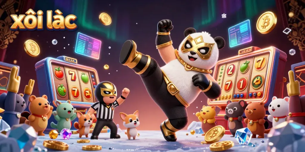 Engaging illustration of xôi lạc featuring a panda wrestler kicking amidst vibrant slot machines, symbolizing dynamic gambling action.
