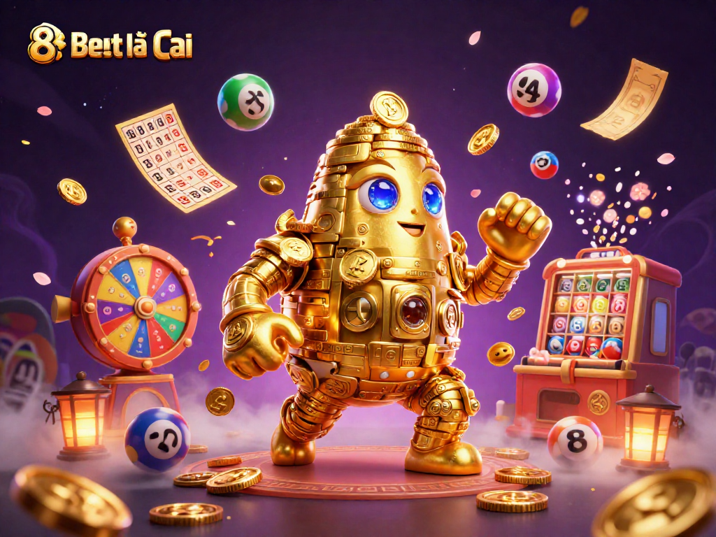 Experience thrilling wins with 8xbet nhà cái, showcasing a golden golem among colorful lottery elements.